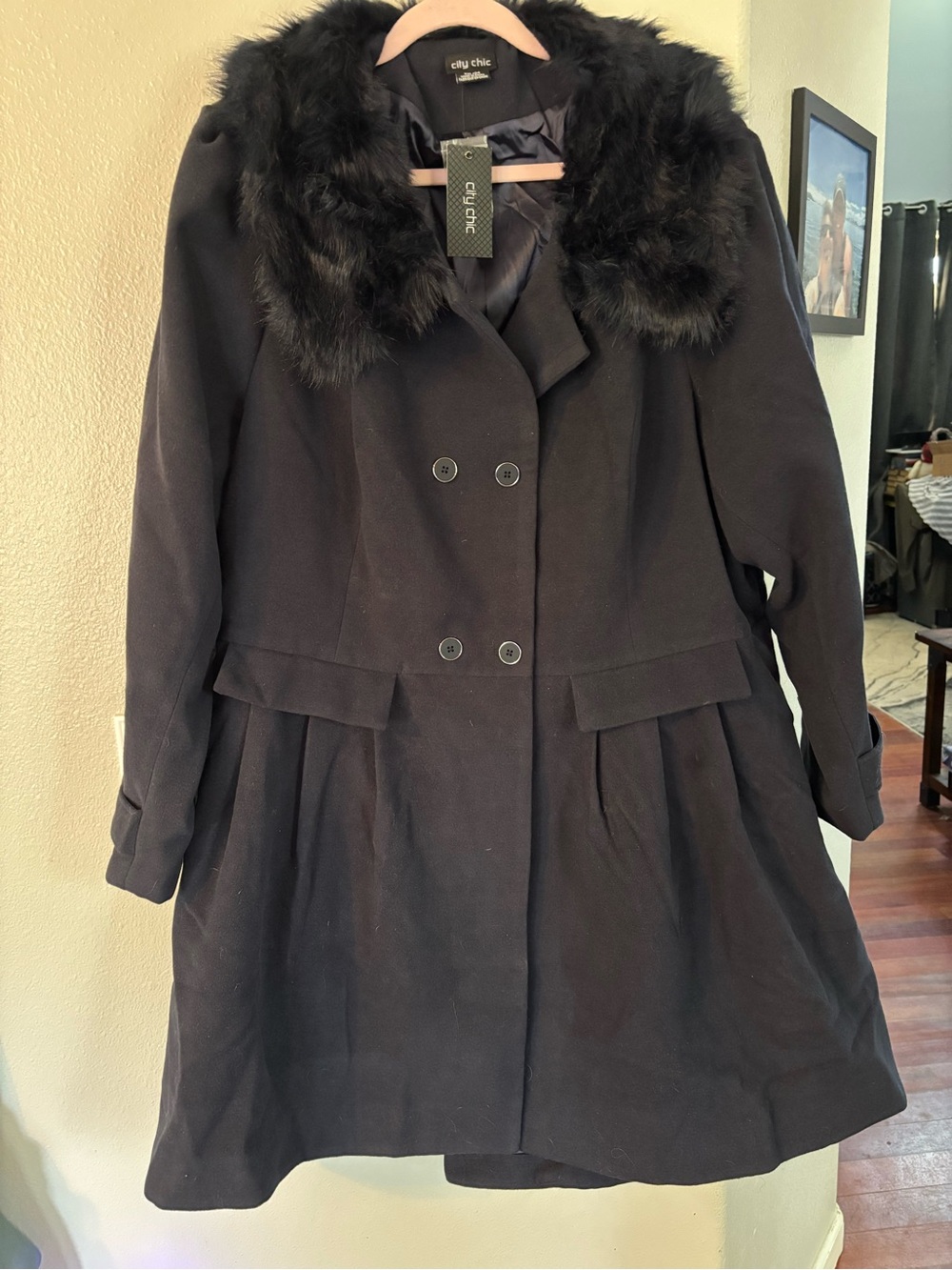 City Chic Grandiose Black Faux Fur Collar Fit Flare Coat Winter Jacket XXL 24